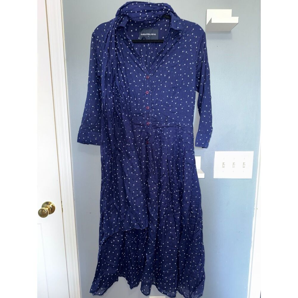 Samantha Sung Collared Pleated Navy Star Print Maxi Dress With Sash | Size 8